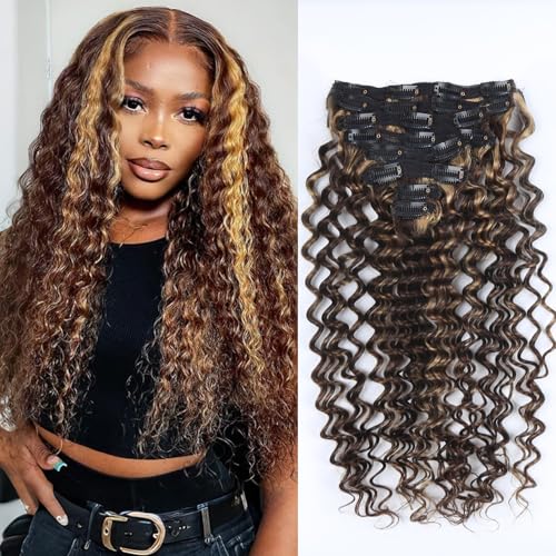 Curly Clip in Hair Extensions Real Human Hair 18inch 120g Invisible & Seamless 100% Brazilian Remy Human Extension Deep Wave Clip ins Extensions Double Weft 8 PCS with 20 Clips Highlight P427