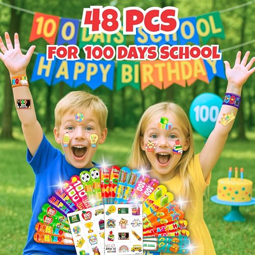 48-Piece 100 Days of School Party Favors - Slap Bracelets & Tattoos