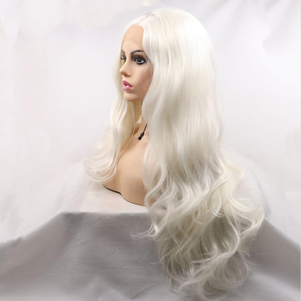 xiweiya White Wigs Long Body Wave Loose Curly Platinum Blonde Synthetic Lace Front Wig 13x3 Lace Wigs Natural Hairline Heat Resistant Fiber Half Hand Tied Hair Middle Part Wig for Women 24inch