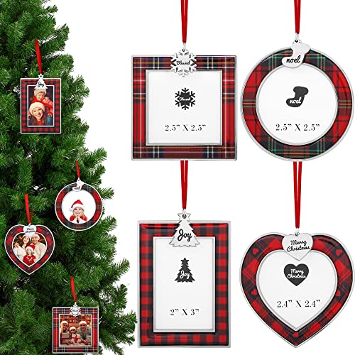 Fovths 4 Pieces Christmas Photo Frame Picture Ornament Red Buffalo Plaid Xmas Gifts Pendant Photo Frame Insert with Christmas Tree, Snowflake, Heart, Socks Hanging Christmas Tree Decoration