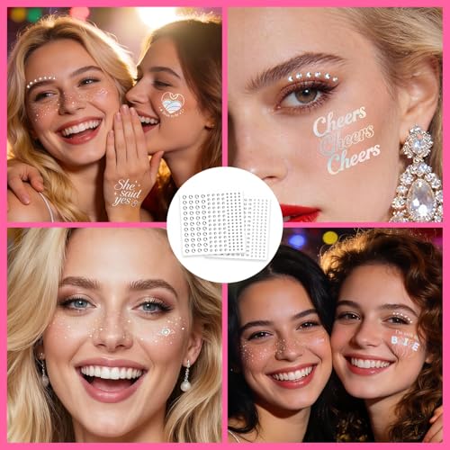 EMOME Bachelorette Party Accessories, Iridescent Glitter Freckles Face Tattoos with Face Gems, Bachelorette Party Favors Decorations Face Paint Makeup Kit for Bridal Shower, Bridesmaids, Women, Girls