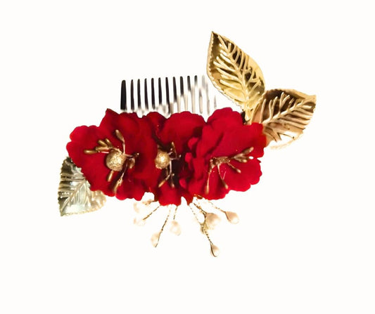 Generic Pranodhika Creation Women Rose Hairpin (Red and Golden), 1 Count (Pack of 1)