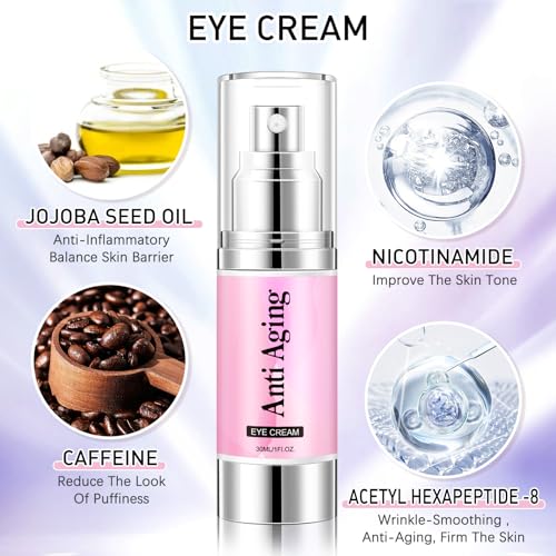 5% Caffeine Eye Cream Eye Serum Kit for Dark Circles Under Eye Treatment Eye Cream Anti Aging For Puffiness Bags And Wrinkles Eye Serum & Eye Roller 2 Fl Oz