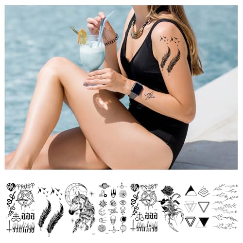 Temporary Tattoos for Adults – 8 Sheets Waterproof Black 3D Fake Tattoo Stickers