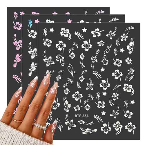 Flower Nail Stickers 10 Sheets Hibiscus Nail Decals White Pink Golden Clear Silver Decals Nail Art Decorations Nail Decals Nail Art Supplies Nail Designs for Women Manicure Tips