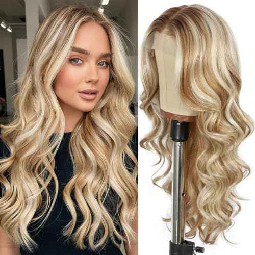 SAPPHIREWIGS 13x4 Blonde Lace Front Wig for Women Body Wave Highlight Honey Blonde Synthetic Pre Layered Wigs Heat Resistant Fiber Gluesless Wig for Daily Party Use 20 inch