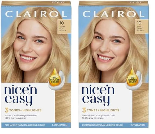 Clairol Nice'n Easy Permanent Hair Dye, 10 Extra Light Blonde Hair Color, Pack of 2