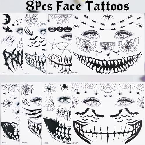 8Pcs Gothic Halloween Temporary Tattoos - Witch Zombie