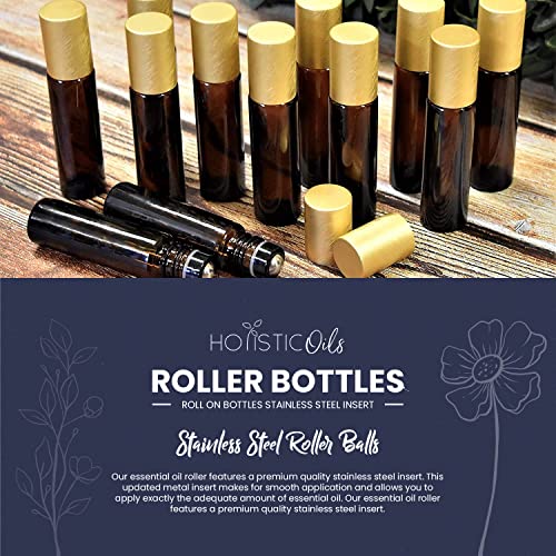 12-Pack 10ml Amber Glass Roller Bottles with Brushed Gold Leakproof Caps ? Premium Empty Roll-On Bottles for Essential Oils, Perfumes, Serums, DIY Aromatherapy & Beauty Products