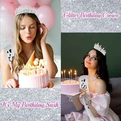 CURASA 16th Birthday Sash and Crown Silver Sweet 16 Sash 16th Birthday Tiara for Women Girls Sweet 16 Decorations Party Supplies
