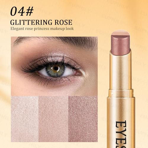 3 Color Matte Gradient Glitter Eyeshadow Stick, Cream Blendable Metallic Shimmer Eye Shadow Pencil, Lightweight Long-Lasting Eye Makeup Pen for Daily Makeup, #04 Glittering rose