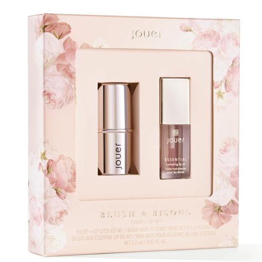 Jouer Blush & Bisous Cheek & Lip Set - Cream Blush - Moisturizing Dry Lip Serum - Clear Lip Oil