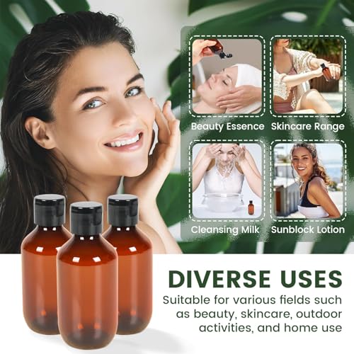TRENDBOX Travel Size Amber Bottles with Flip Cap - 12 Pack 3.4oz Leak Proof Dispenser Containers for Toiletries, Essential Oils & Shampoo - Set of Small Empty Plastic Bottles