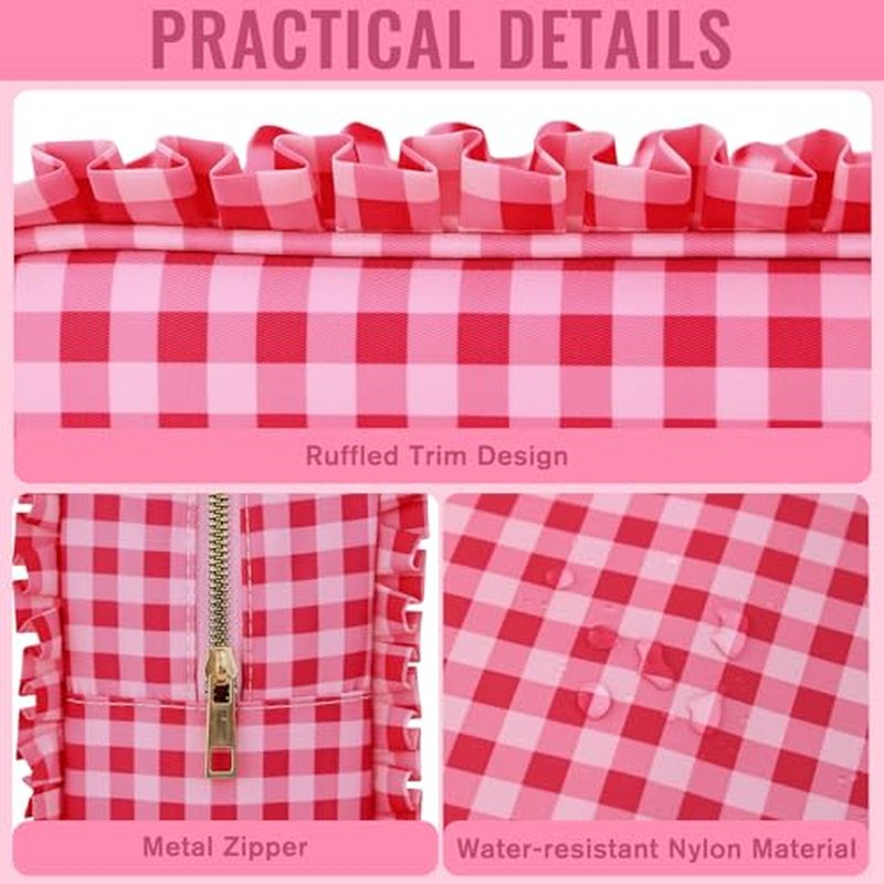 Large Gingham Ruffle Makeup Bag for Women - Travel Cosmetic Organizer