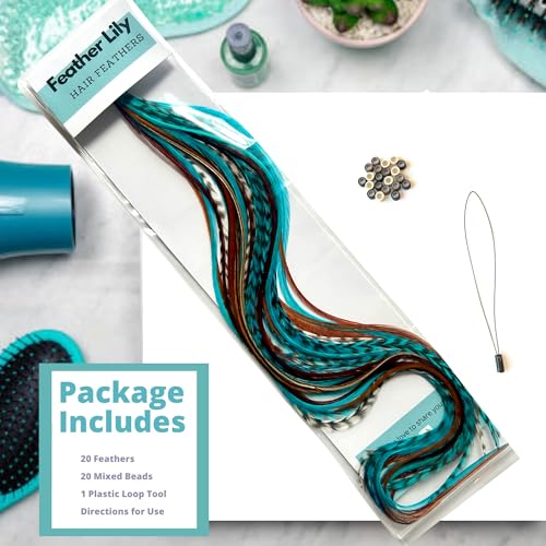 Hair Feathers Kit with 20 Rooster Feathers, Beads & Loop Tool