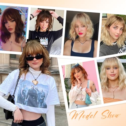 ENTRANCED STYLES Auburn Wavy Bob Wig with Bangs - Short Curly Synthetic Hair, 14 Inch, Heat Resistant, Natural Look for Women