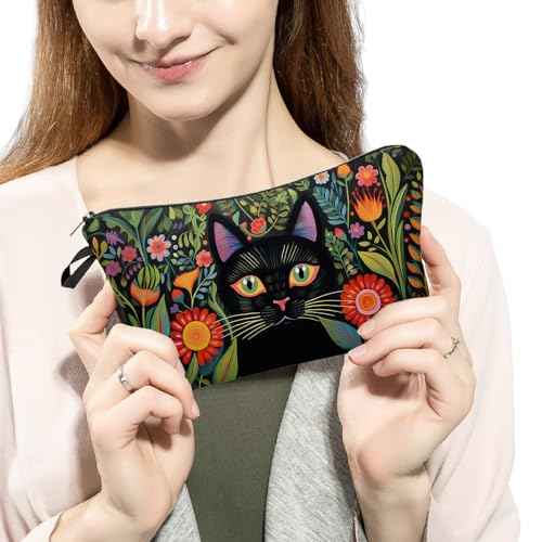 Black Cat Makeup Bag Mexican Folk Art Painting Small Organizer Zipper Pouch Floral Black Cat Kitten Print Cosmetic Bag Present for Women Friends