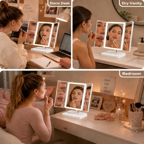 CALEPOP White Rechargeable Trifold Lighted Makeup Mirror 1X/2X/3X Magnification