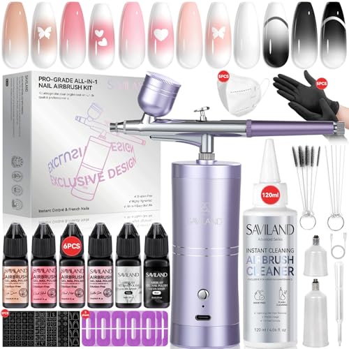 SAVILAND 7-in-1 Nail Airbrush Kit with Gel Colors & Accessories - Black, White, Pink, Nude