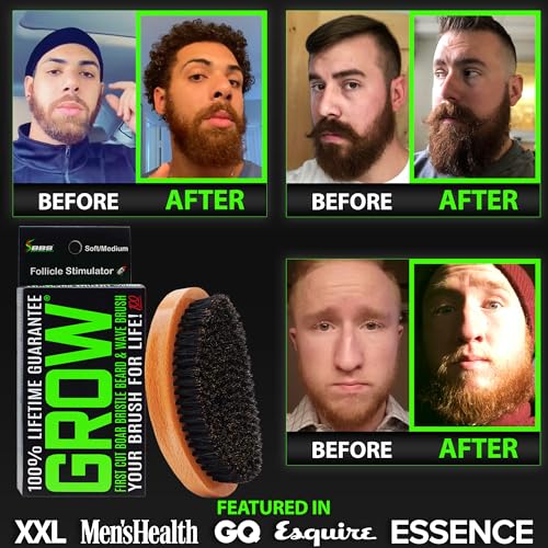 GROW Beard Brush & 360 Wave Brush for Men - Natural Boar Bristle For Fuller, Thicker Hair, Beard & Mustache - Premium Full-Size to Exfoliate, Strengthen Hair, Stimulate & Boost Growth