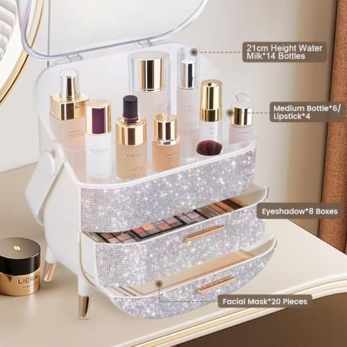 MASSY Egg Shape(Oval) Makeup Storage Box, Countertop Portable Vanity Cosmetics Organizer Preppy Style (Rhinestone White)