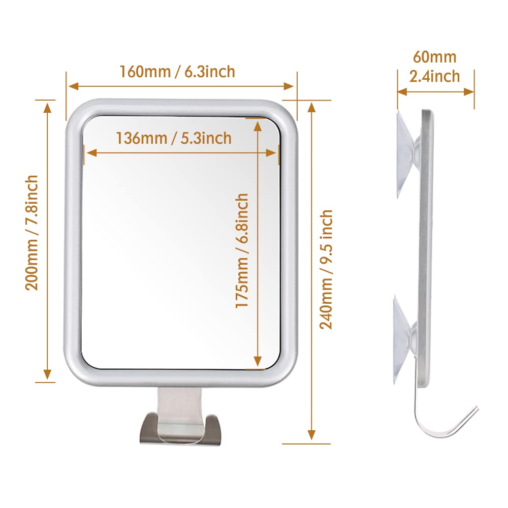 Lunmore Shower Mirror Fogless for Shaving, Rectangle with 4 Suction Cups Fogless Shower Mirror with Razor Holder Drop-Proof & Rust-Resistant