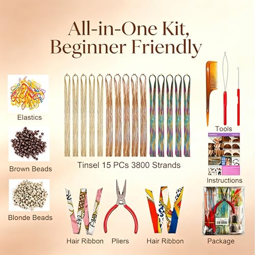 15 Tinsel Hair Extensions with Pliers Kit - Gradient Rainbow Pink Blue 47 Inch