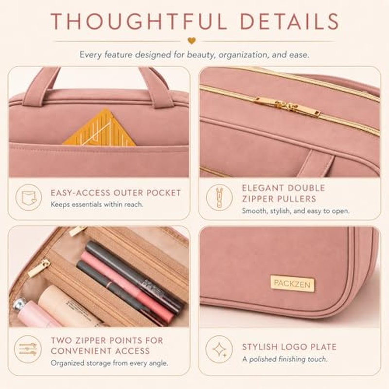Pink Vegan Leather Travel Toiletry Bag for Women - Large Makeup Organizer