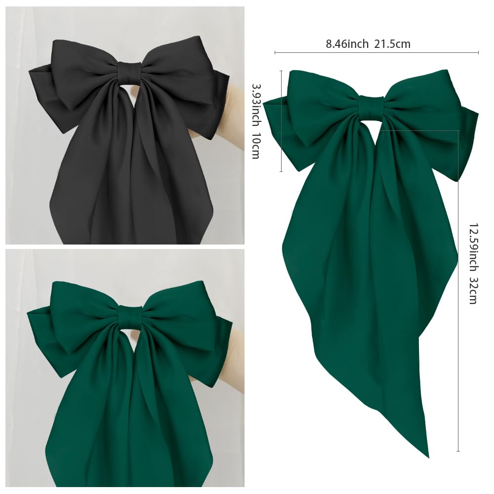 Black Bow Set for Women and Girls - Satin Hair Bows, Ribbon Hair Bows, Hair Clips, and Barrettes in Green (2pcs Large)