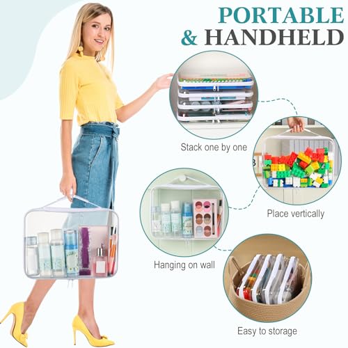Sanwuta 4 Pcs Clear Hard Zipper Case with Handle Office Storage Cases Hard Plastic Pouches Transparent Bins for Crafts, Snacks, Cosmetics, Puzzles(12.6 x 9 x 2 Inches,White)