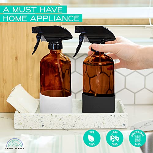 SAVVY PLANET Empty Amber Glass Spray Bottles with Silicone Sleeve Protection - Refillable 16 oz Containers for Cleaning Products, Essential Oils, Misting Plants - Quality Sprayer - 2 Pack