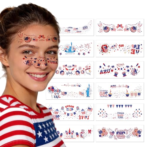 12PCS Red White Blue Freckle Tattoos - 4th of July Patriotic Face Stickers