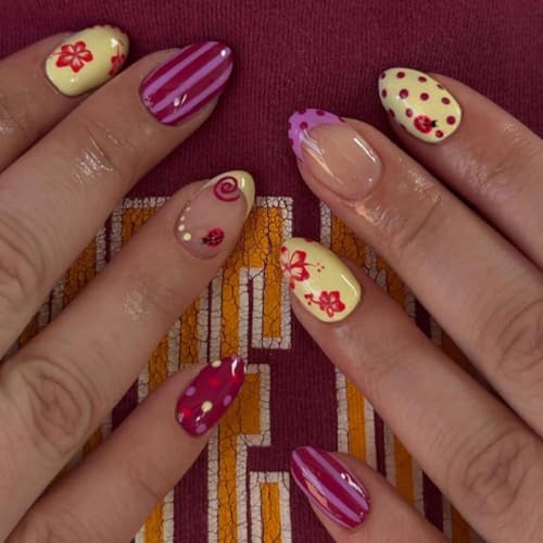 Short Oval Press On Nails 24pc Set, Purple & Yellow