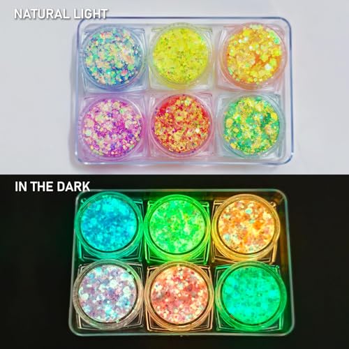 6 Colors Glow Body Glitter Gel, Glow in The Dark Hair Face Glitter Gel, Rave Accessories for Festivals Carnival UV Black Light Party