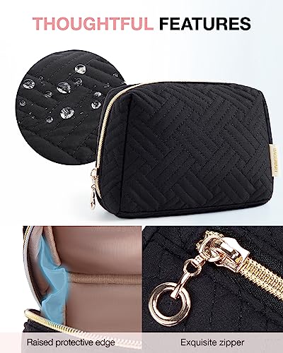 BAGSMART Large Black Travel Makeup Bag with Wide-Open Zipper & Quilted Water-Resistant Exterior