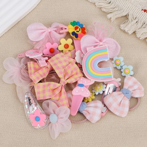 Unaone Hair Accessories Set for Kids - 10 PCS Cute Hair Ties and 14 PCS Cartoon Hair Clips, Flower Rainbow Hair Pins Barrettes Elastic Hair Bands Ponytail Holders Set for Thick Hair & Thin (24 Pieces)