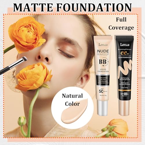 2 Pack Full Coverage Liquid Foundation,Moisturizing BB Cream Foundation Makeup Set with Foundation Brush,Oil Control Long Lasting Waterproof Concealer CC Cream Foundation for Women£¨Natural£©