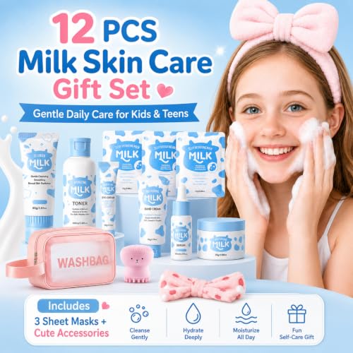 Kids & Teens Milk Skin Care Set - 12 Pieces Gentle Moisturizing Face & Body