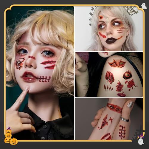 Halloween Zombie Scar Temporary Tattoos, 30 Sheets Waterproof Fake Wound Stickers