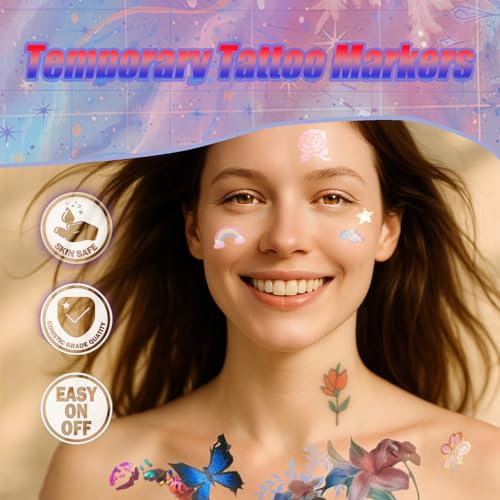 Temporary Tattoo Markers with 52 Stencils - 12 Dual-Tip Pens