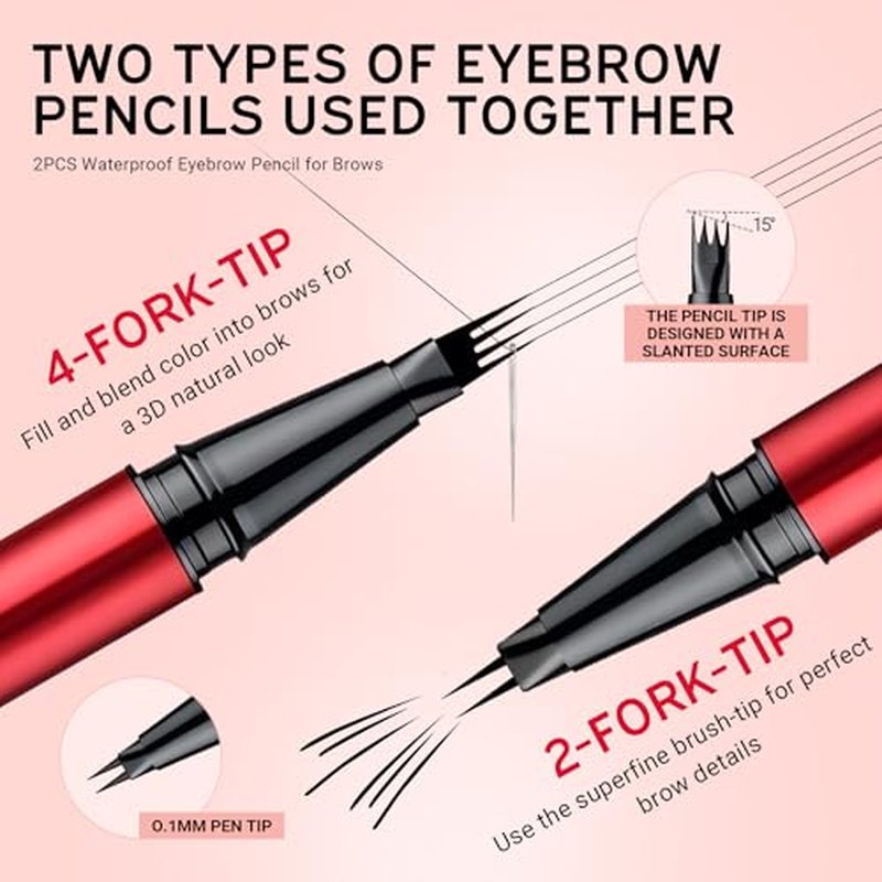 Vevivia 2 Pack Eyebrow Pen with Brush, 4 Tip&2 Tip Waterproof Eyebrow Pencils for Women, Microblading Eyebrow Pencils for All Brow Types to Create Hair-Like Brows,Non Dry Out, All-Day Wear,Dark Brown