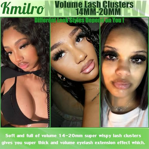 Kmilro Lash Clusters 14-20mm Volume Cluster Eyelash Extensions Thick Eyelash Clusters 480pcs Waterproof Wispy Individual Lashes Soft False Eyelashes DIY Lash Extension (150D+180D+200D)