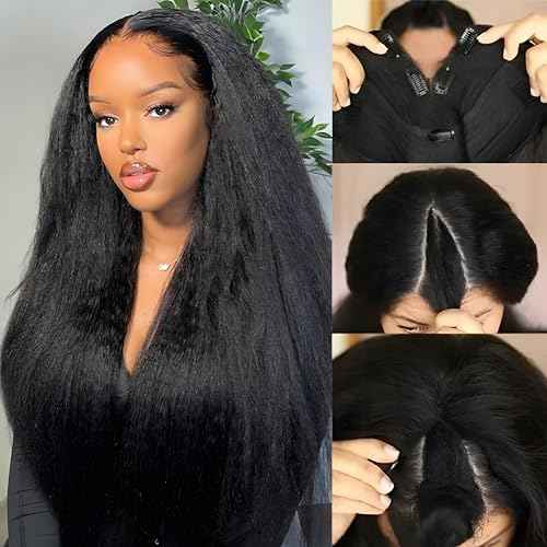 V Part Wig Human Hair Kinky Straight Vpart Human Hair Wig 16 Inch Upgrade U Part Wig Yaki Straight Clip in Half Wigs for Black Women Glueless No Leave Out 180% Density Natural Color