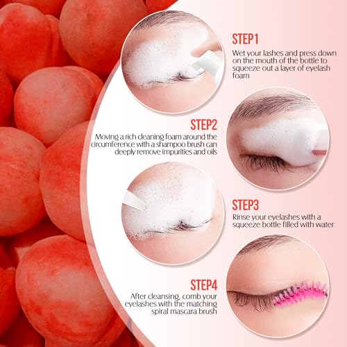 Lash Shampoo for Lash Extensions 60 Ml/2fl.oz Eyelash Extension Cleanser Oil Free Lash Cleanser for Eyelash Care, Gentle Foaming Eyelash Shampoo with Brush for Salon Home Care (Peach 60ml)