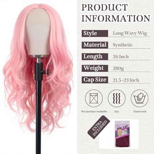Pink Wig 26 inch Long Wavy Pink Wigs for Women, 13X4X1 HD T-part Synthetic Lace Front Wig Natural Looking As Human Hair Middle Part Pre Plucked Glueless Wigs for Daily Party Cosplay Use (T2313#)