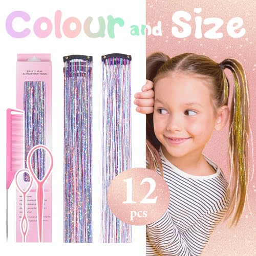 12 Pcs Colorful Fairy Hair Tinsel Kit - Clip-In Holographic Hair Extensions