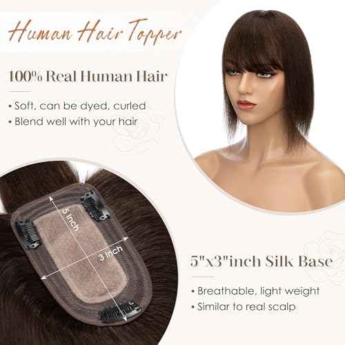 S-noilite Human Hair Toppers for Women with Bangs 100% Real Human Hairpiece 5"x3" Clip in Silk Base Topper Piece Cover Thinning Fine Hair 6 inch Chocolate Brown