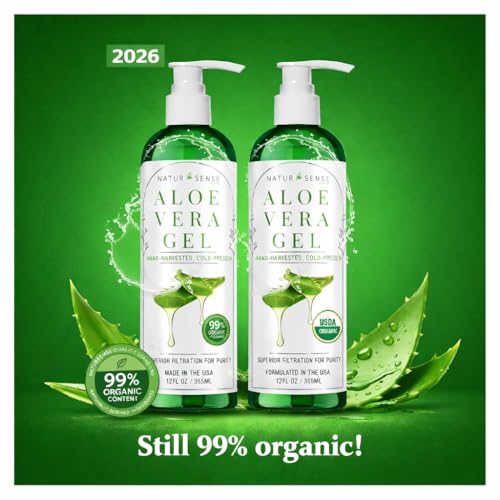 NTRSNS NaturSense 99% Organic Aloe Vera Gel. Deep Hydration, Effective Moisturizing. For Hair, Scalp, Face, Dry Winter Skin, Acne, Sunburn, Sensitive Skin, Shaving. Unscented, 12 oz.