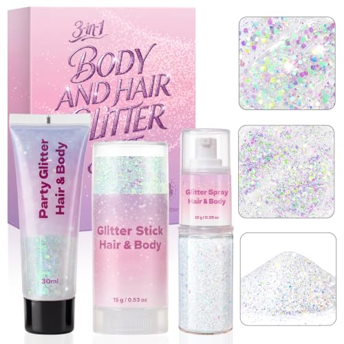 3-in-1 Glitter Set Sparkling White - Gel, Stick & Spray for Face & Body (WITOROR) – Waterproof Festival Makeup