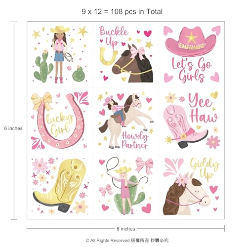 Cheerland 108Pcs Cowgirl Temporary Tattoos Party Favors